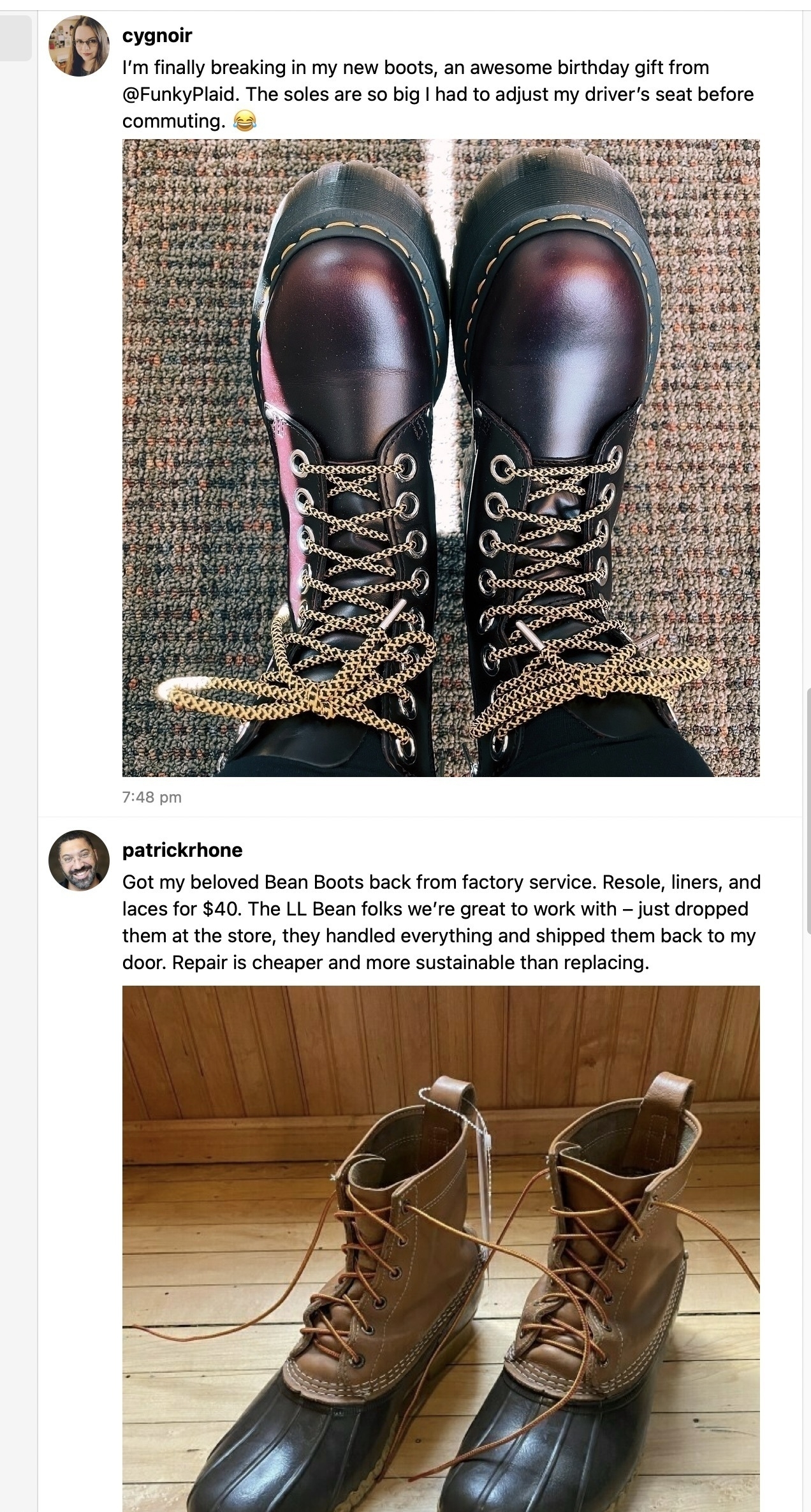 Screenshot of the Micro.blog timeline, showing two posts in a row that feature a photos of pairs of boots.